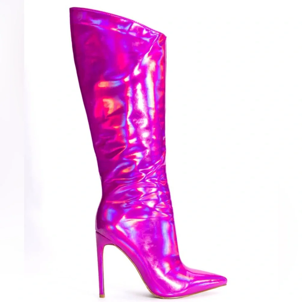 AZALEA WANG Pink Holographic Knee High Stiletto Boot - Picture 6 of 6